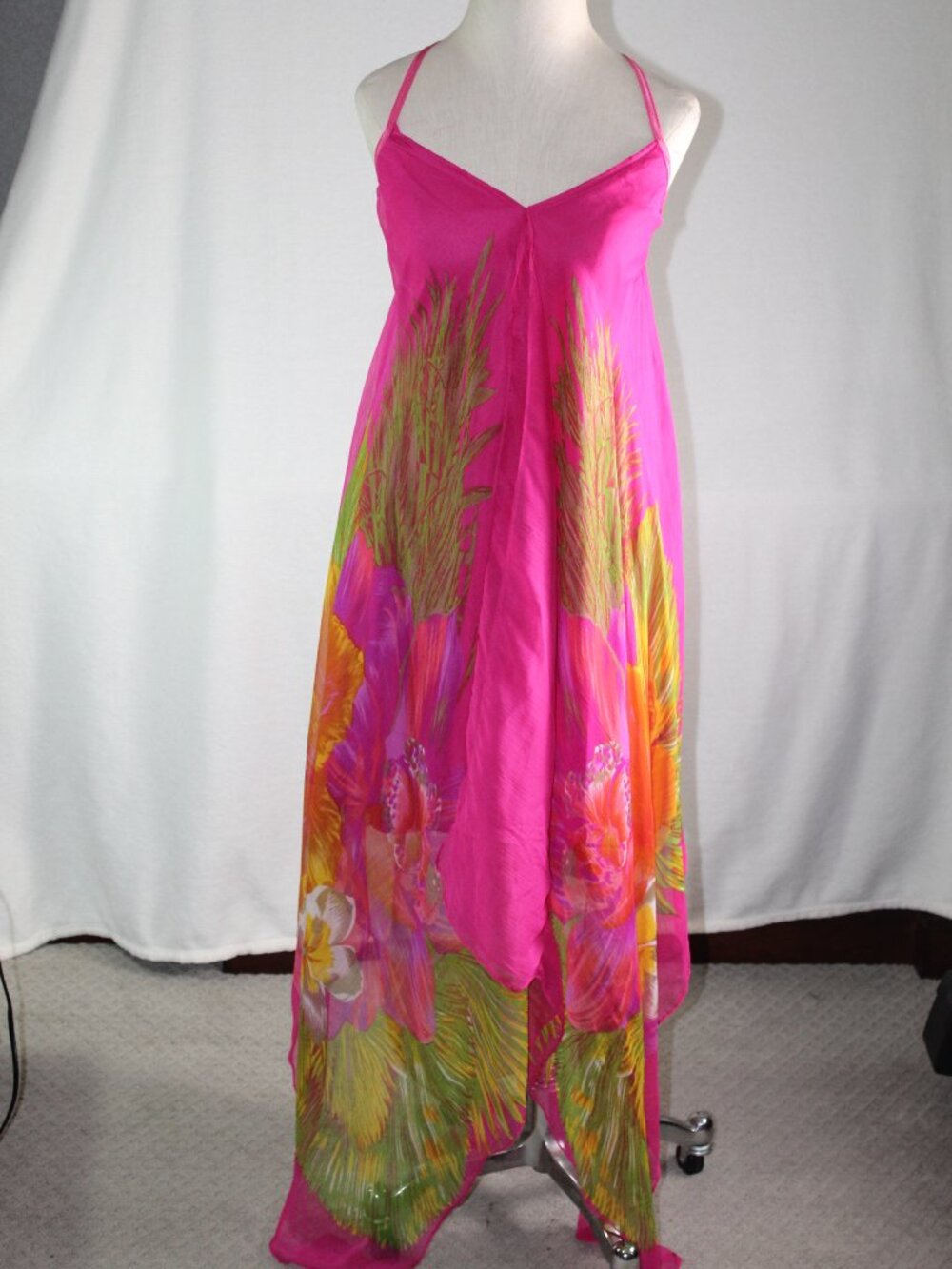 Indian Tropical Fashion Sz S/M Hot Pink Tropical Patterned Handkerchief Sundress